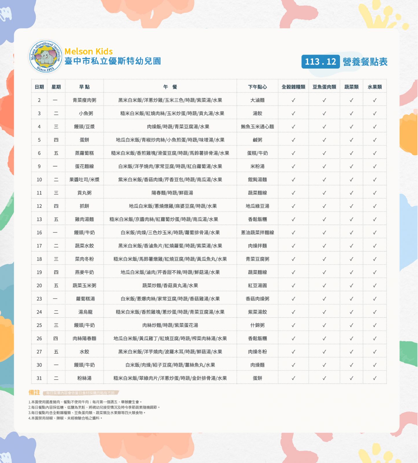 113年12月份餐點表